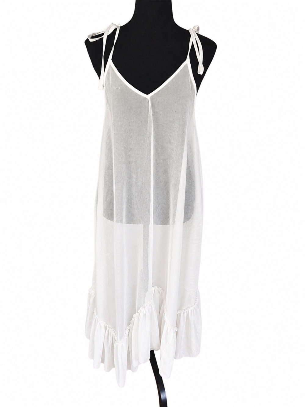 Urban Outfitters White Sheer Mesh Tie Strap Ruffle Hem Cover Up Dress Sz M